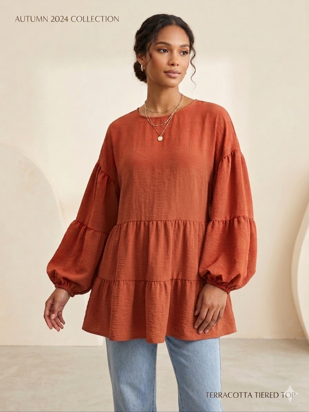 Dress Up Women's Tiered Babydoll Blouse Rust Size L